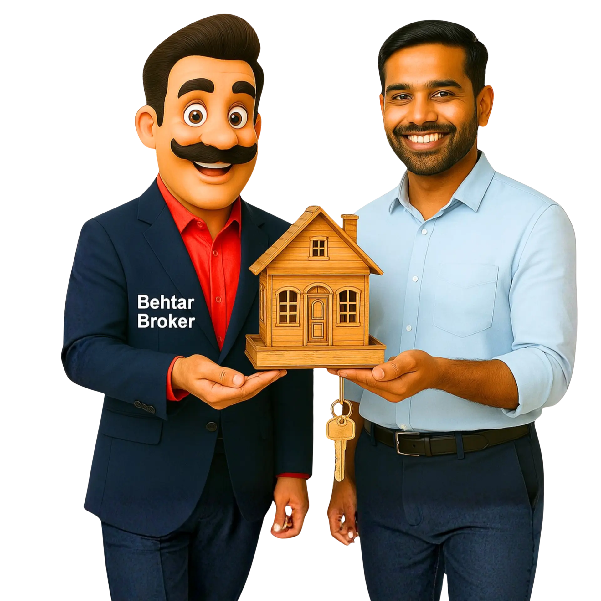 Behtar Broker mascot with happy customer holding home